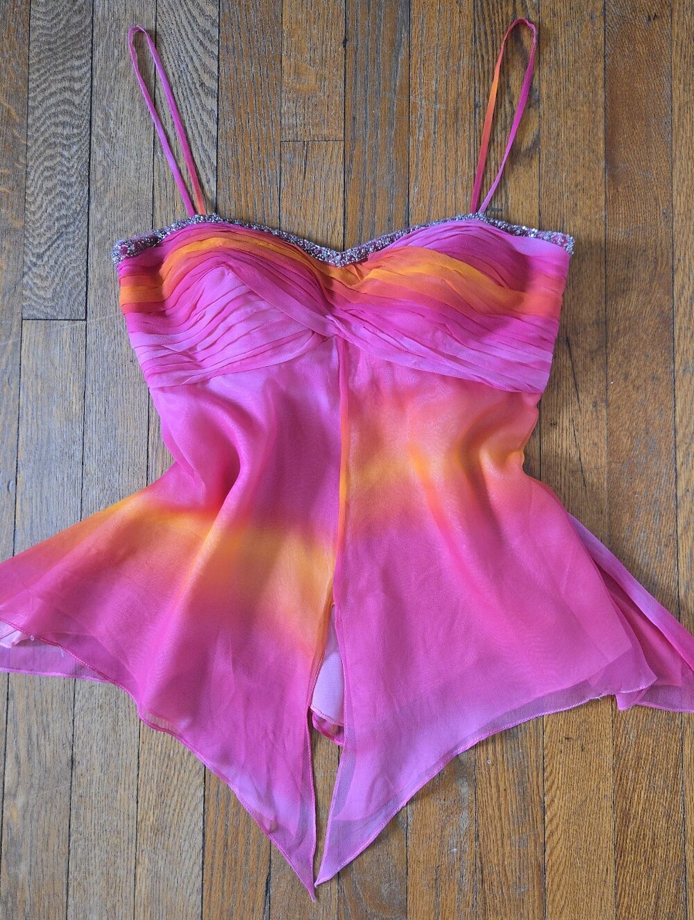 Cassandra Stone Silk Chiffon Pink Orange Beaded Halter Top, Y2K | Fairycore